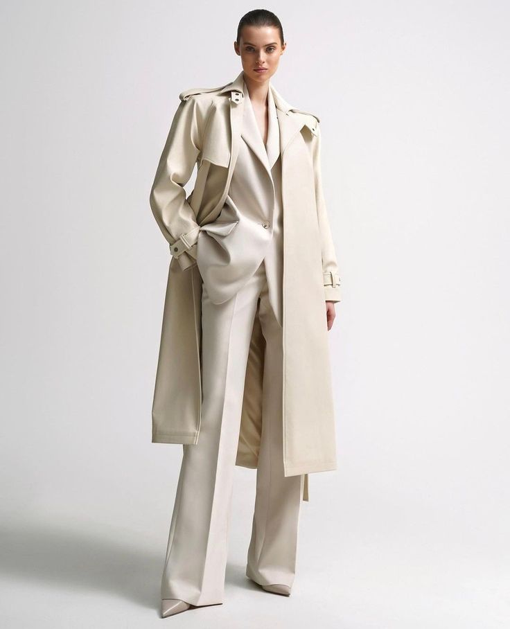 Manteau trench femme élégant en beige porté sur un ensemble chic et contemporain dans une pose stylée