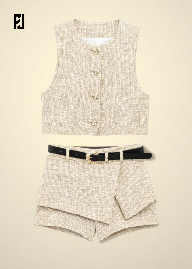 Ensemble Femme Été Chic – Gilet Boutonné Sans Manches + Short Ceinturé, Style Tailleur Bureau Élégant