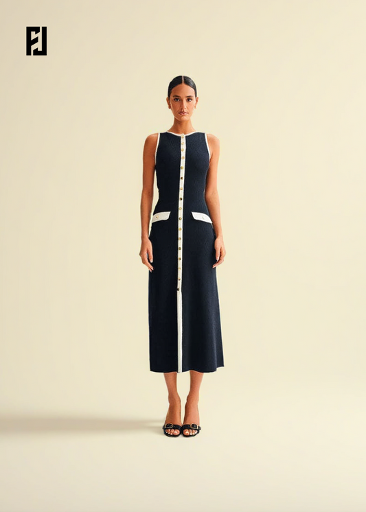 Robe Longue Sans Manches – Tricot Côtelé & Taille Haute Boutonnée