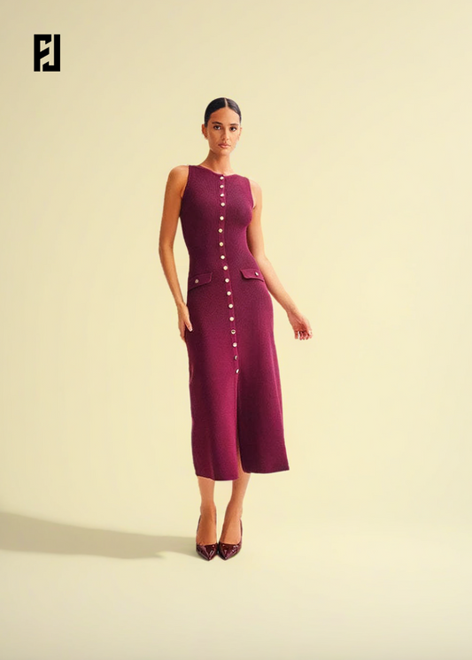 Robe Longue Sans Manches – Tricot Côtelé & Taille Haute Boutonnée