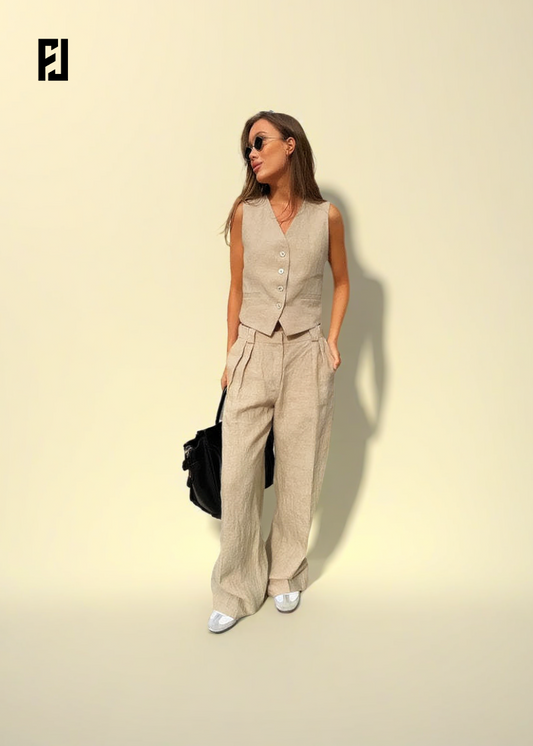 Ensemble Femme Été 2 Pièces – Gilet Sans Manches & Pantalon Large en Lin et Coton, Style Chic Bureau