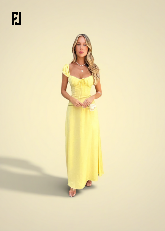 Robe Longue Été 2025 – Col Carré & Coupe Moulante Stretch