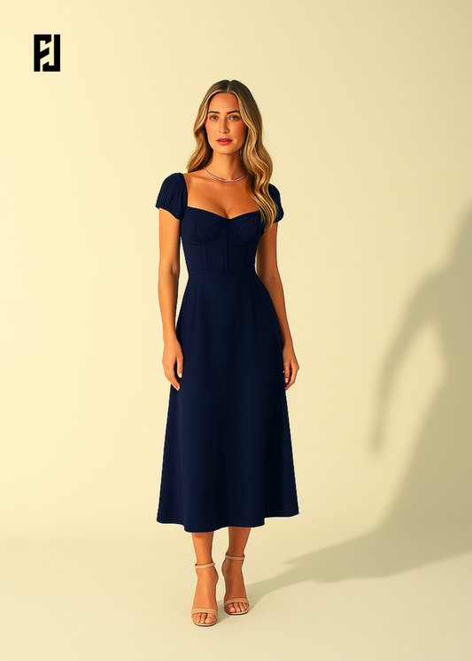 Robe Longue Été 2025 – Col Carré & Coupe Moulante Stretch