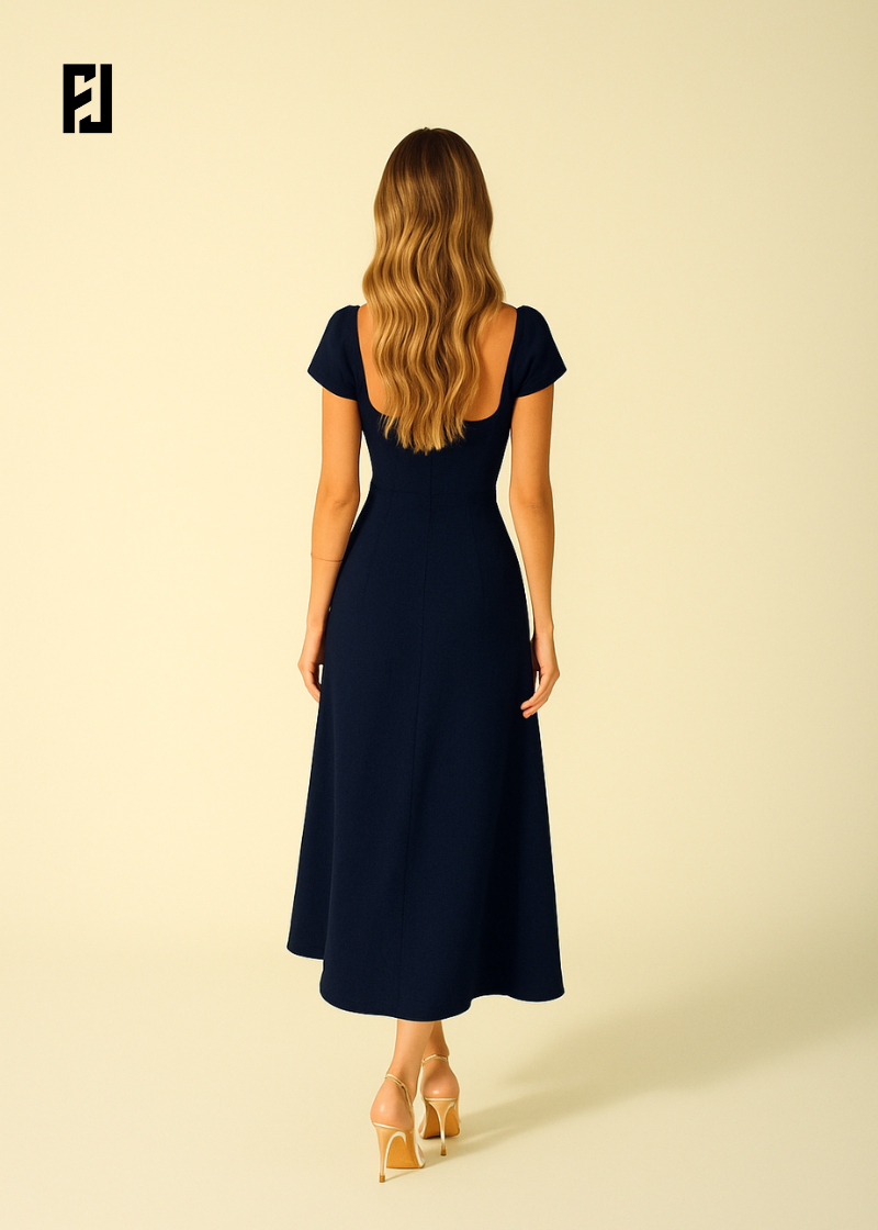Robe Longue Été 2025 – Col Carré & Coupe Moulante Stretch