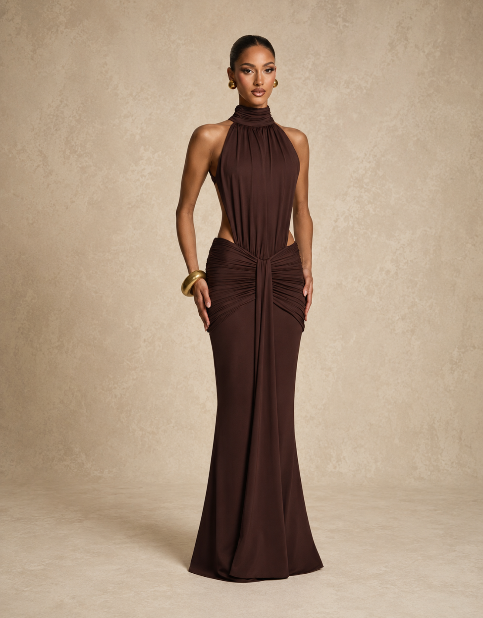 Draped High Neck Backless Maxi Dress