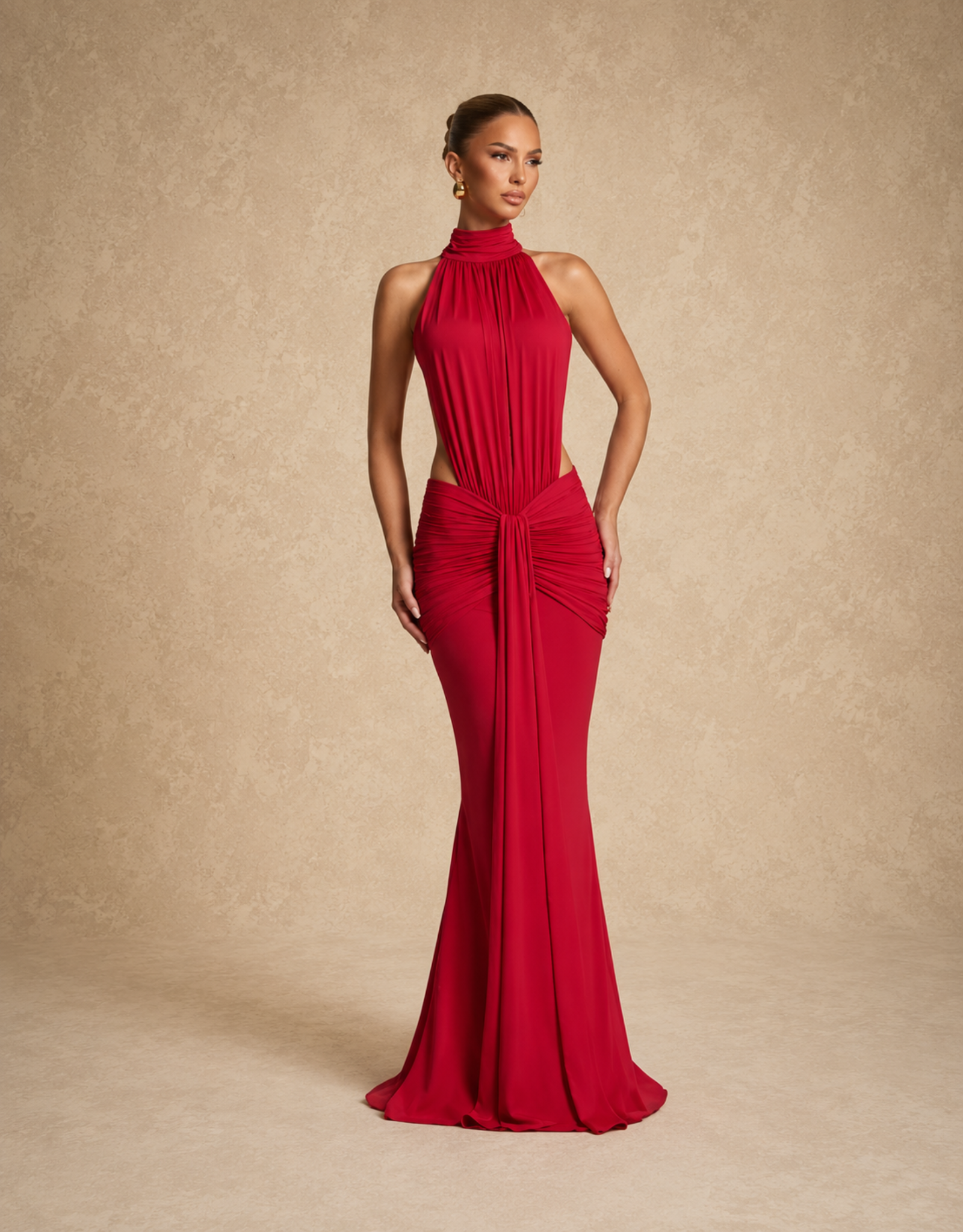 Draped High Neck Backless Maxi Dress