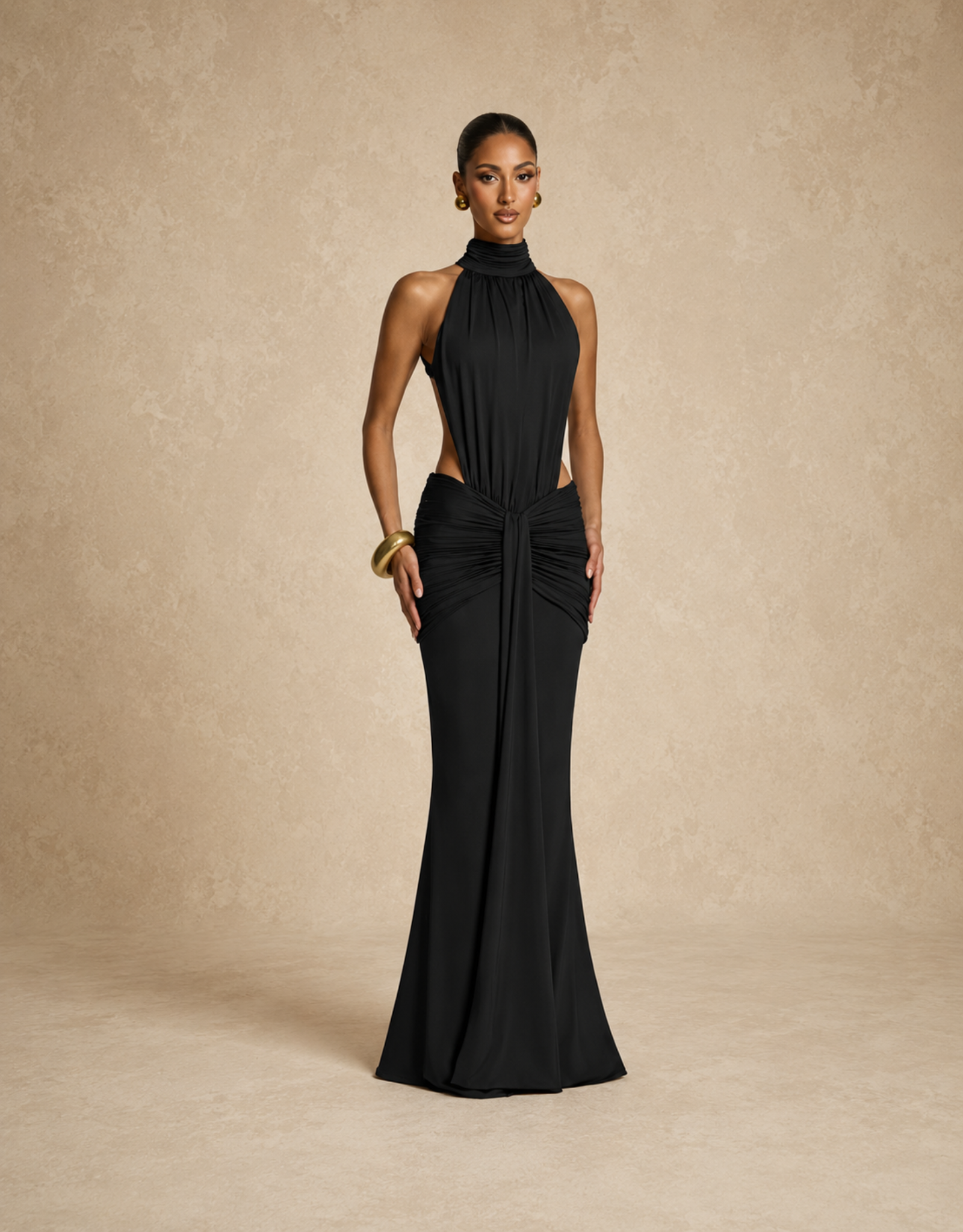 Draped High Neck Backless Maxi Dress