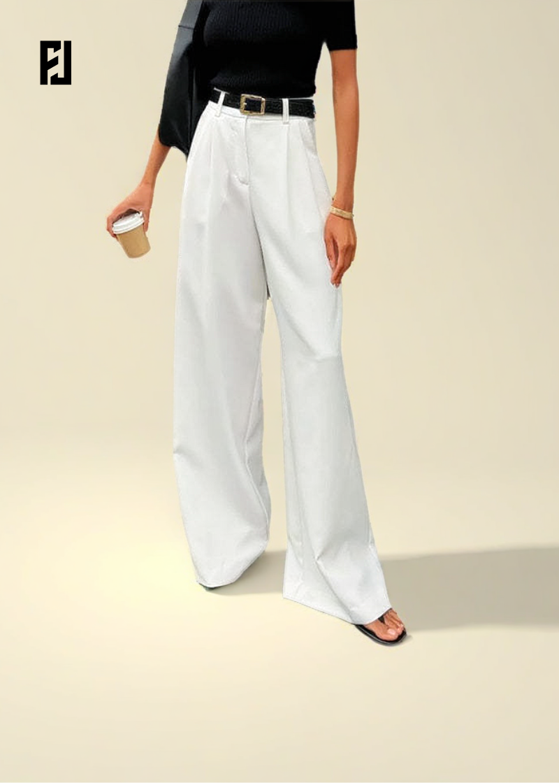 Pantalon Large Femme – Blanc Pur, Taille Haute & Coupe Droite
