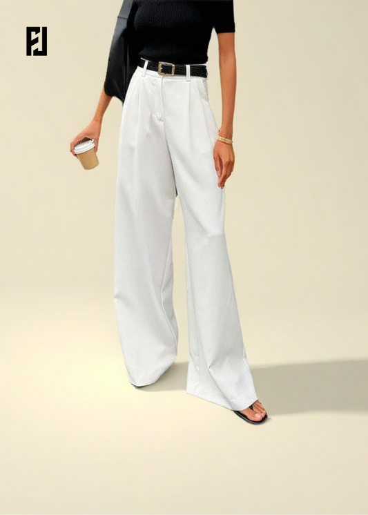 Pantalon Large Femme – Blanc Pur, Taille Haute & Coupe Droite