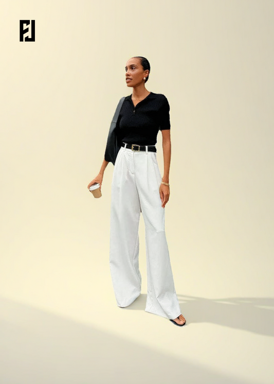 Pantalon Large Femme – Blanc Pur, Taille Haute & Coupe Droite