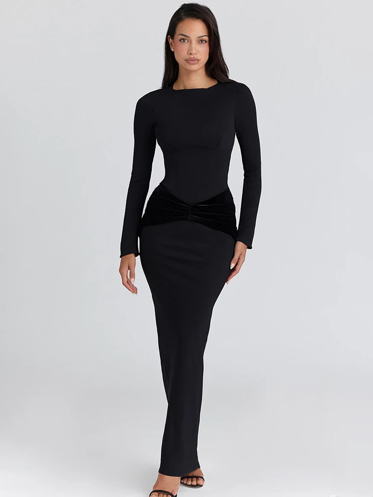 Robe Longue Froncée Taille Haute à Manches Longues – Robe Noire Élégante Femme Soirée & Club