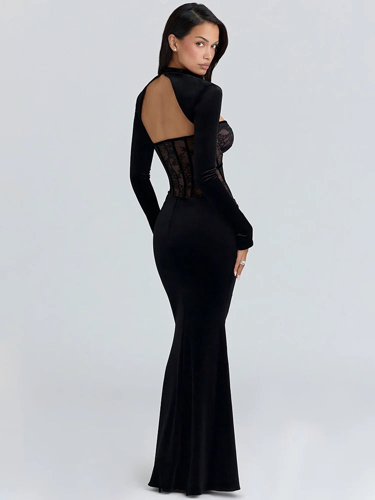 Robe Longue Dos Nu Élégante à Manches Longues – Coupe Ajustée, Taille Haute, Style Soirée Fondelier