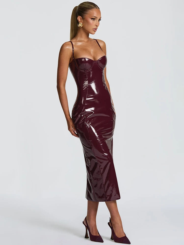 Robe Longue Bustier en Similicuir Femme – Dos Nu Élégant, Coupe Ajustée, Style Soirée & Party