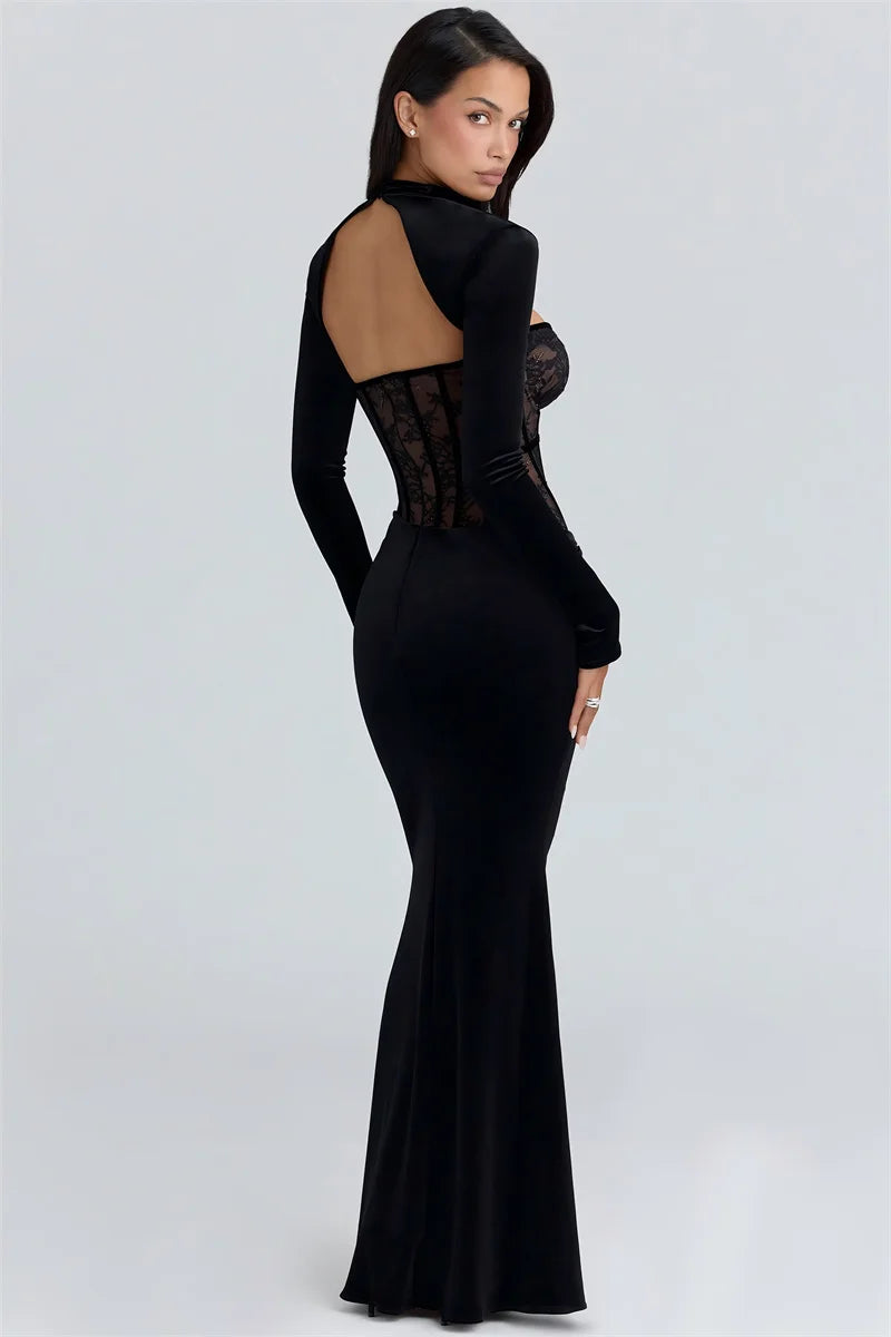 Robe Longue Dos Nu Élégante à Manches Longues – Coupe Ajustée, Taille Haute, Style Soirée Fondelier