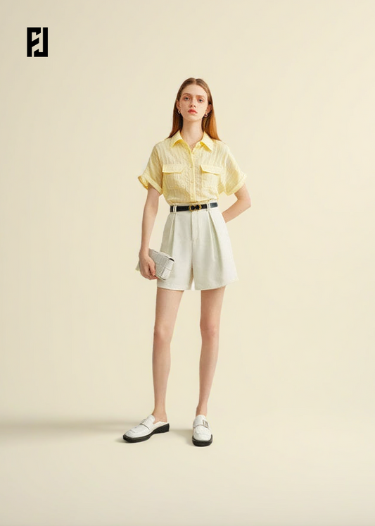 Short Beige Été – Taille Haute & Ceinture Vintage, Coupe Ample