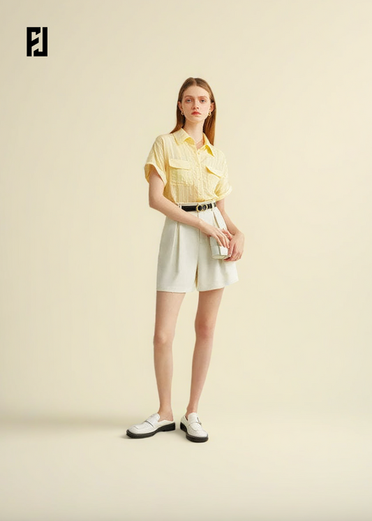 Short Beige Été – Taille Haute & Ceinture Vintage, Coupe Ample