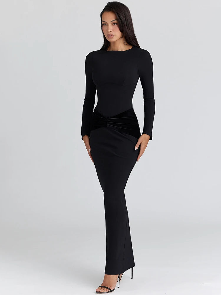 Robe Longue Froncée Taille Haute à Manches Longues – Robe Noire Élégante Femme Soirée & Club