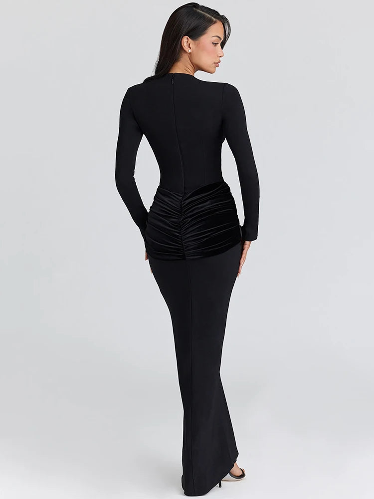 Robe Longue Froncée Taille Haute à Manches Longues – Robe Noire Élégante Femme Soirée & Club