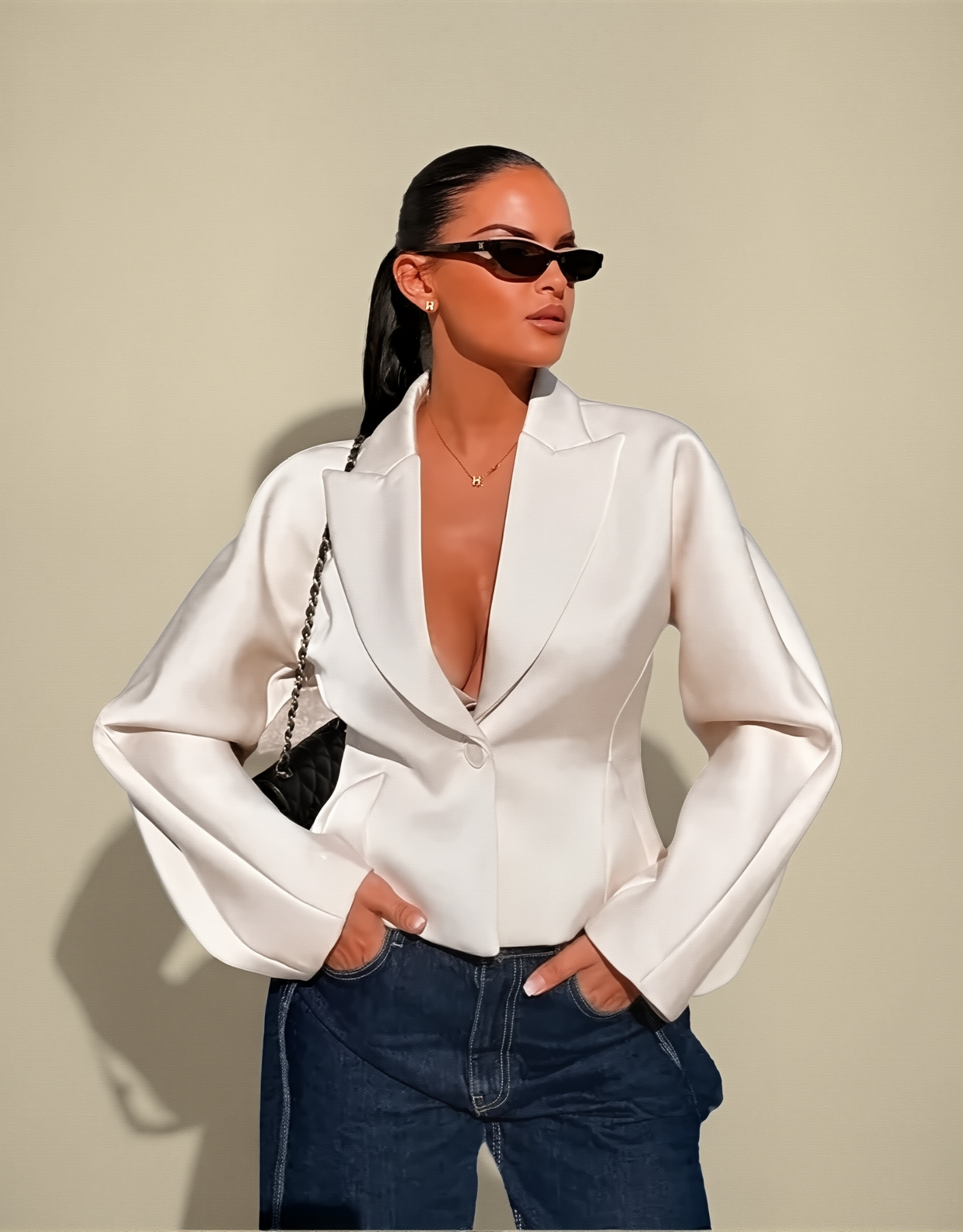 Blazer femme satiné beige avec manches bouffantes, style élégant et moderne pour toutes occasions