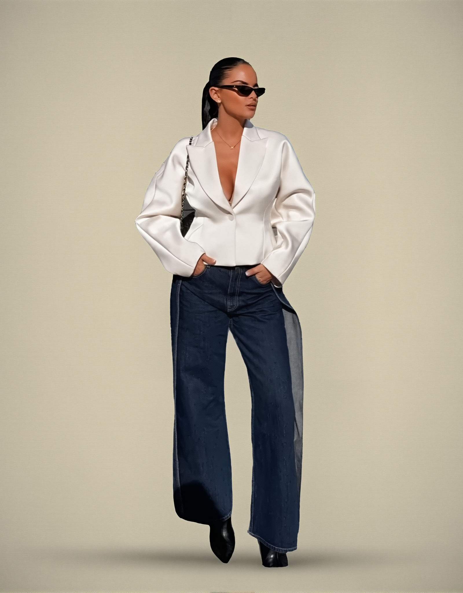 Blazer femme satiné beige porté avec un pantalon denim large pour une tenue tendance et élégante