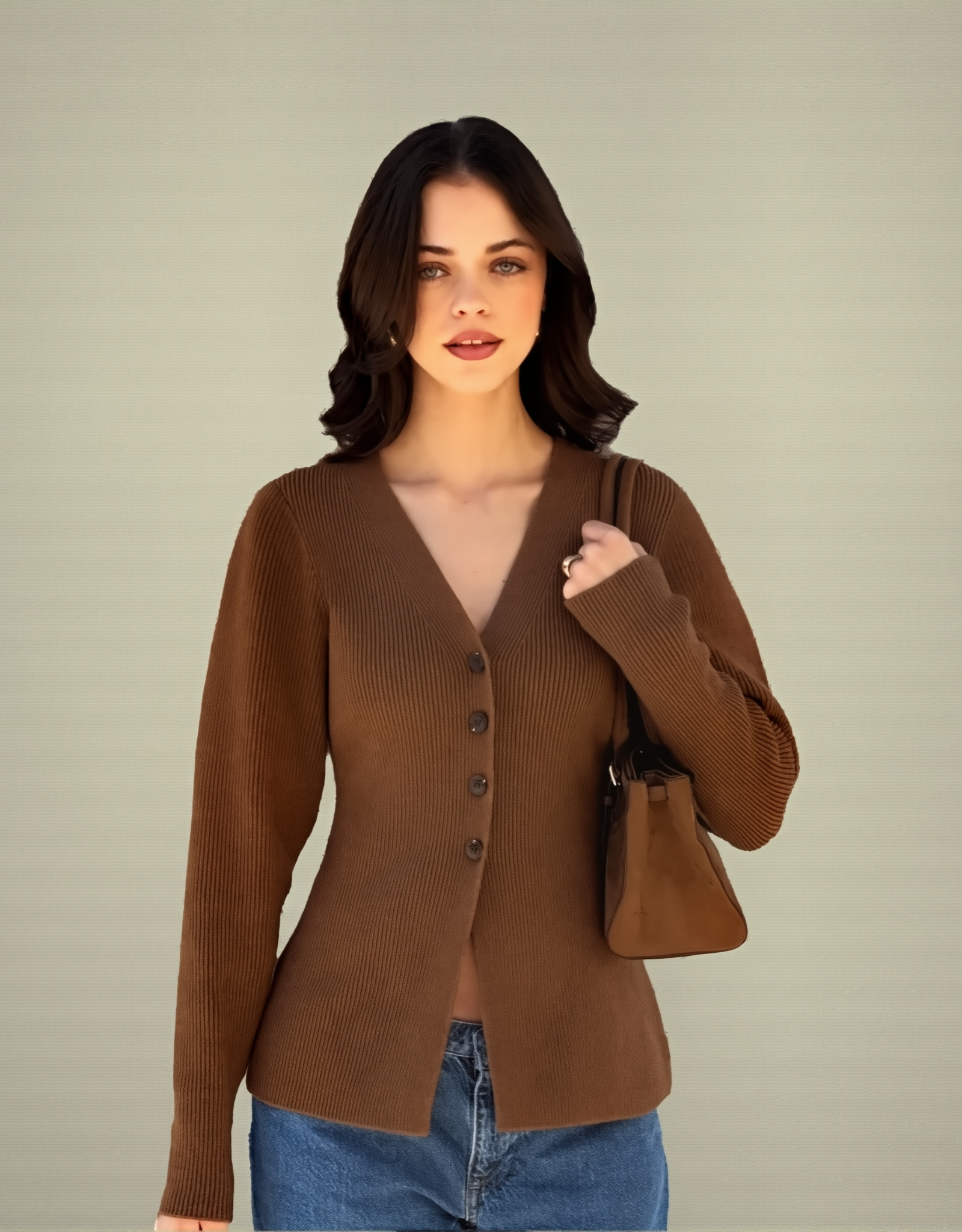 Cardigan femme col V élégant en marron avec boutons pour un look chic et décontracté