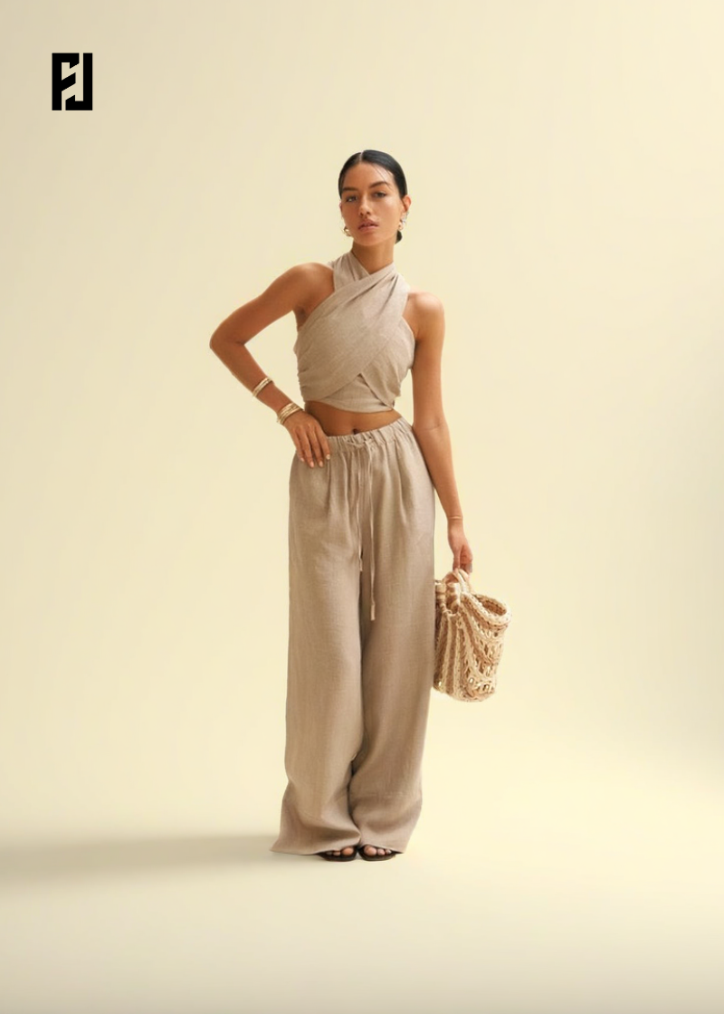 Ensemble en lin doux de Fondelier avec un haut noué et un pantalon fluide beige