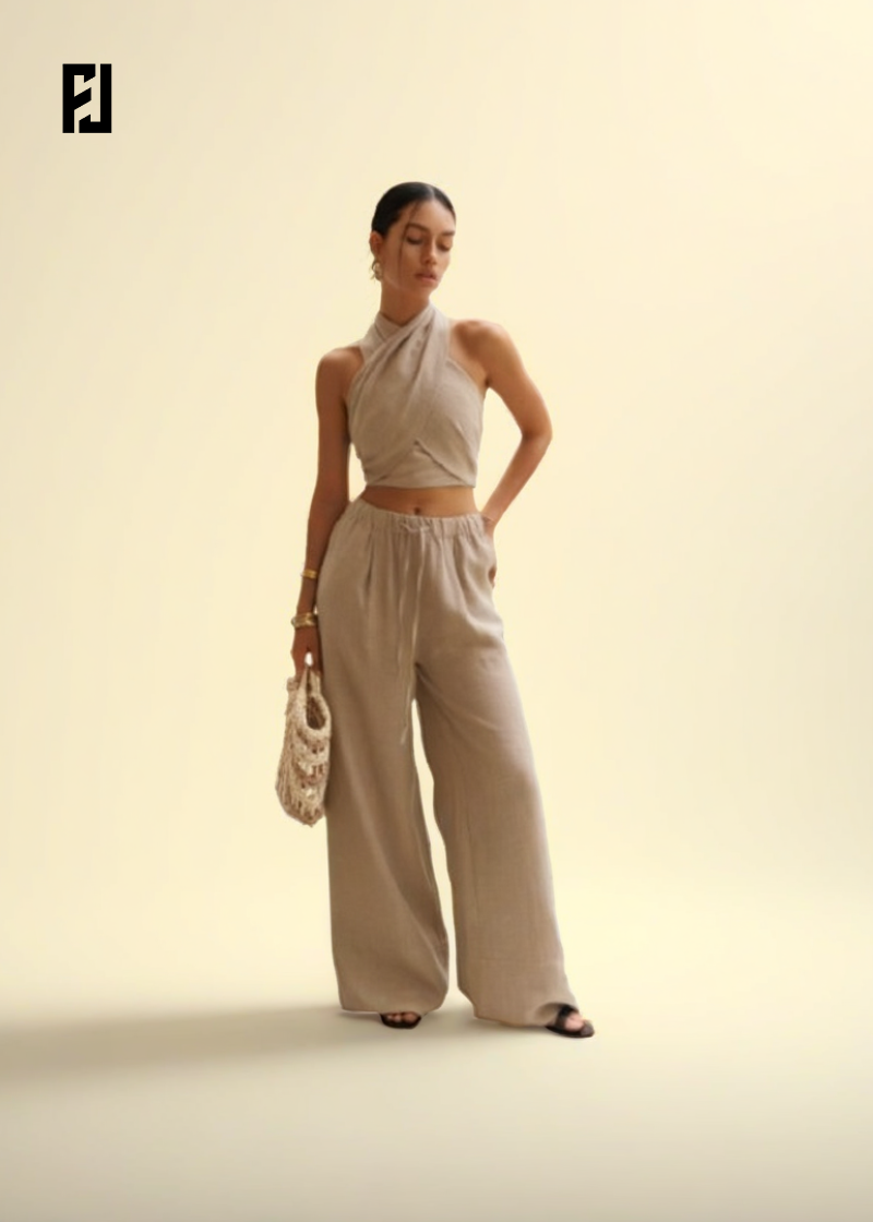 Femme portant un ensemble en lin doux beige avec un haut croisé et un pantalon large