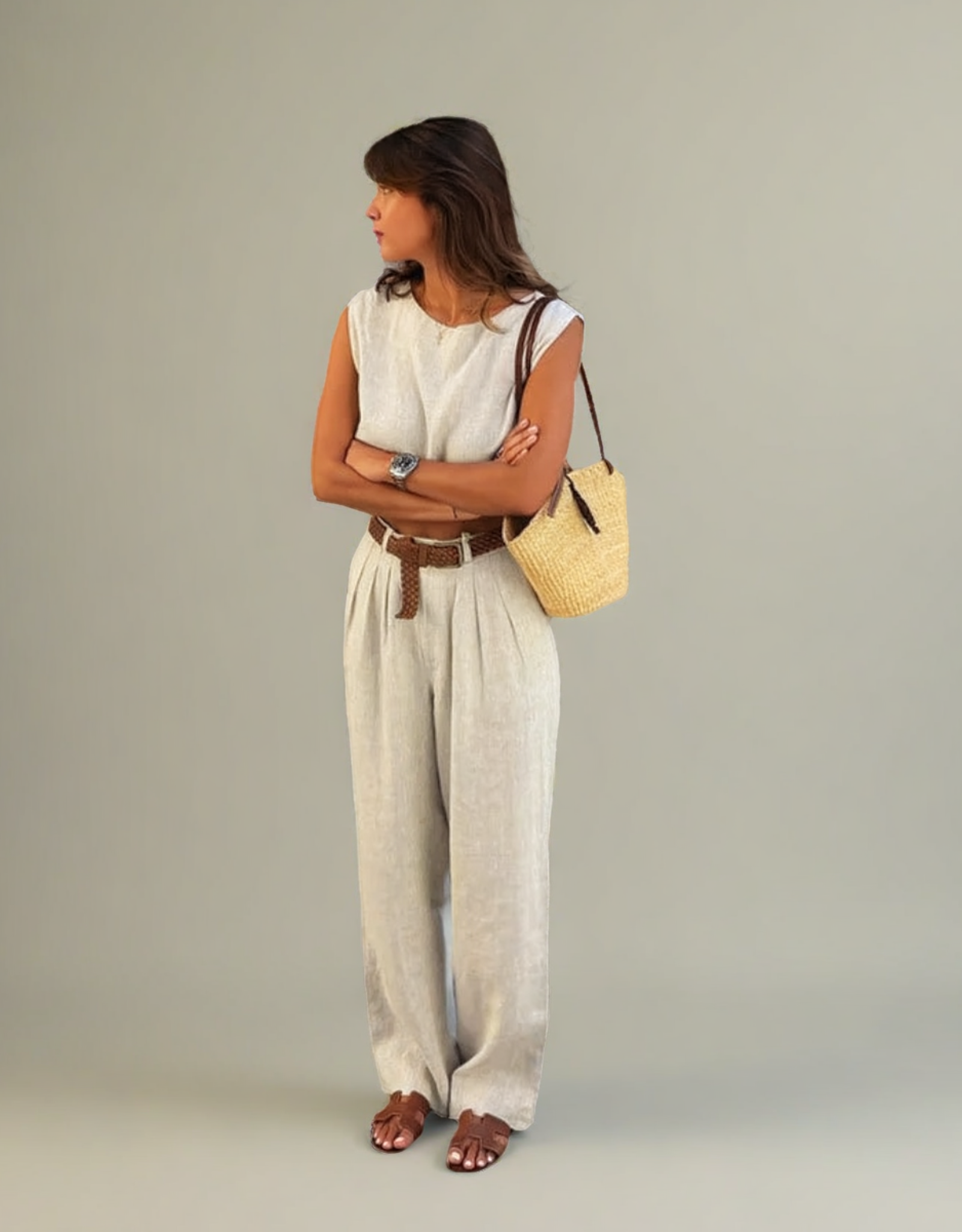 Ensemble femme lin coton chic avec pantalon large et top sans manches, parfait pour une sortie estivale.