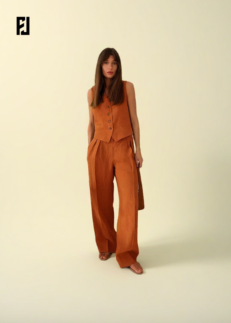 Ensemble lin coton femme en orange avec pantalon large et haut à boutons pour un look élégant