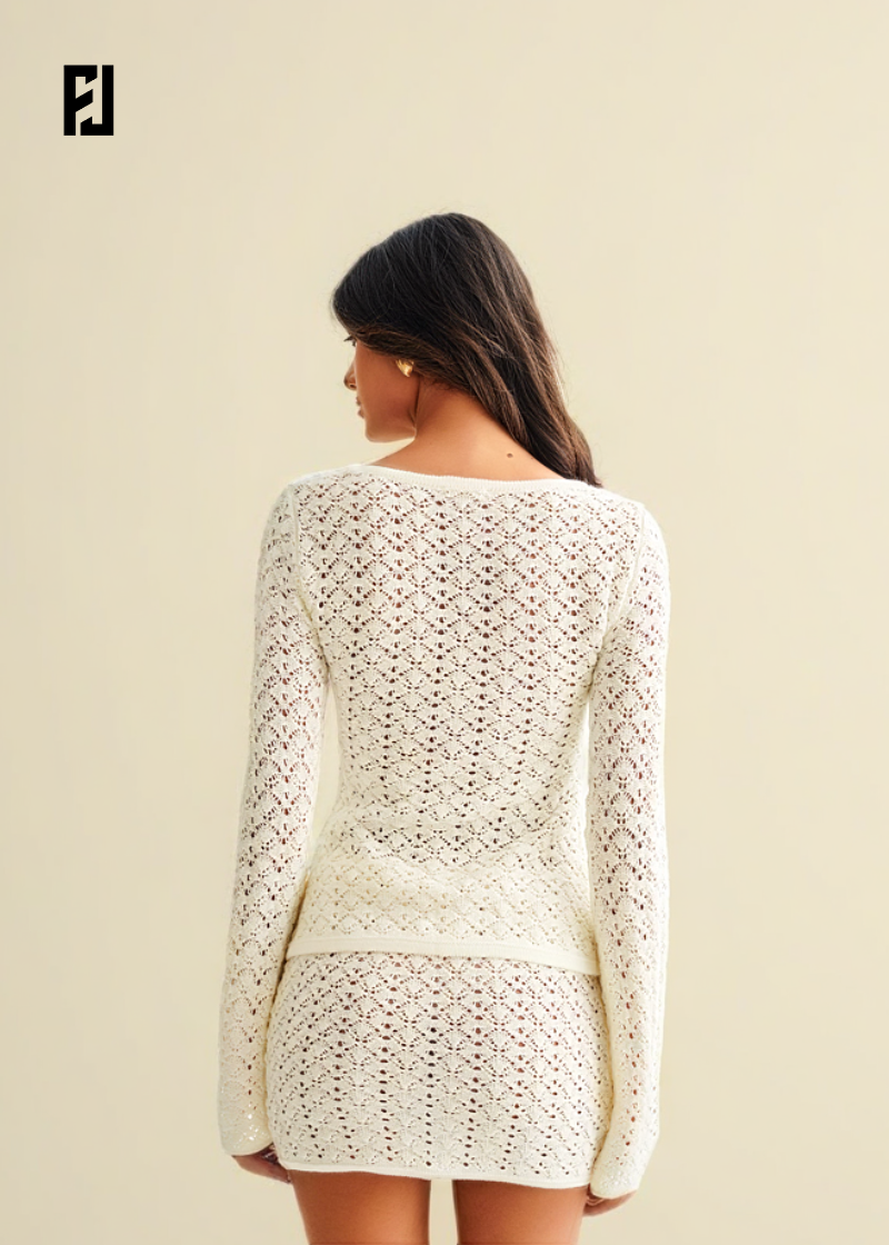 Ensemble Femme Tricot - Cardigan à Manches Longues Col V et Jupe Mini Découpée