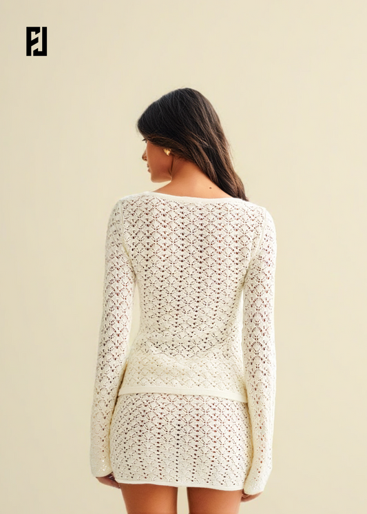 Ensemble Femme Tricot - Cardigan à Manches Longues Col V et Jupe Mini Découpée