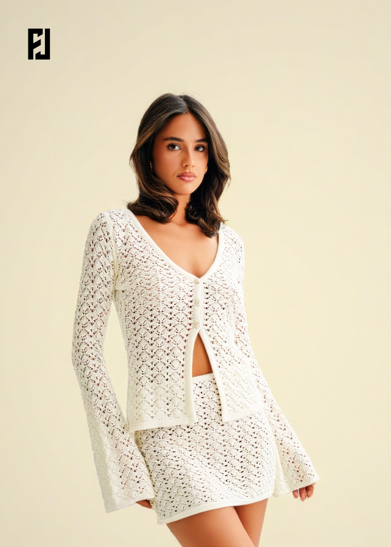Ensemble Femme Tricot - Cardigan à Manches Longues Col V et Jupe Mini Découpée