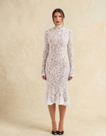 Robe Midi Dentelle Blanche Col Roulé Manches Longues | Fondelier