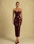 Robe longue en latex bordeaux élégante pour femme, sans bretelles et ajustée à la taille
