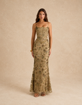 Robe maxi Fondelier en dentelle florale olive pour femme robe longue élégante et tendance