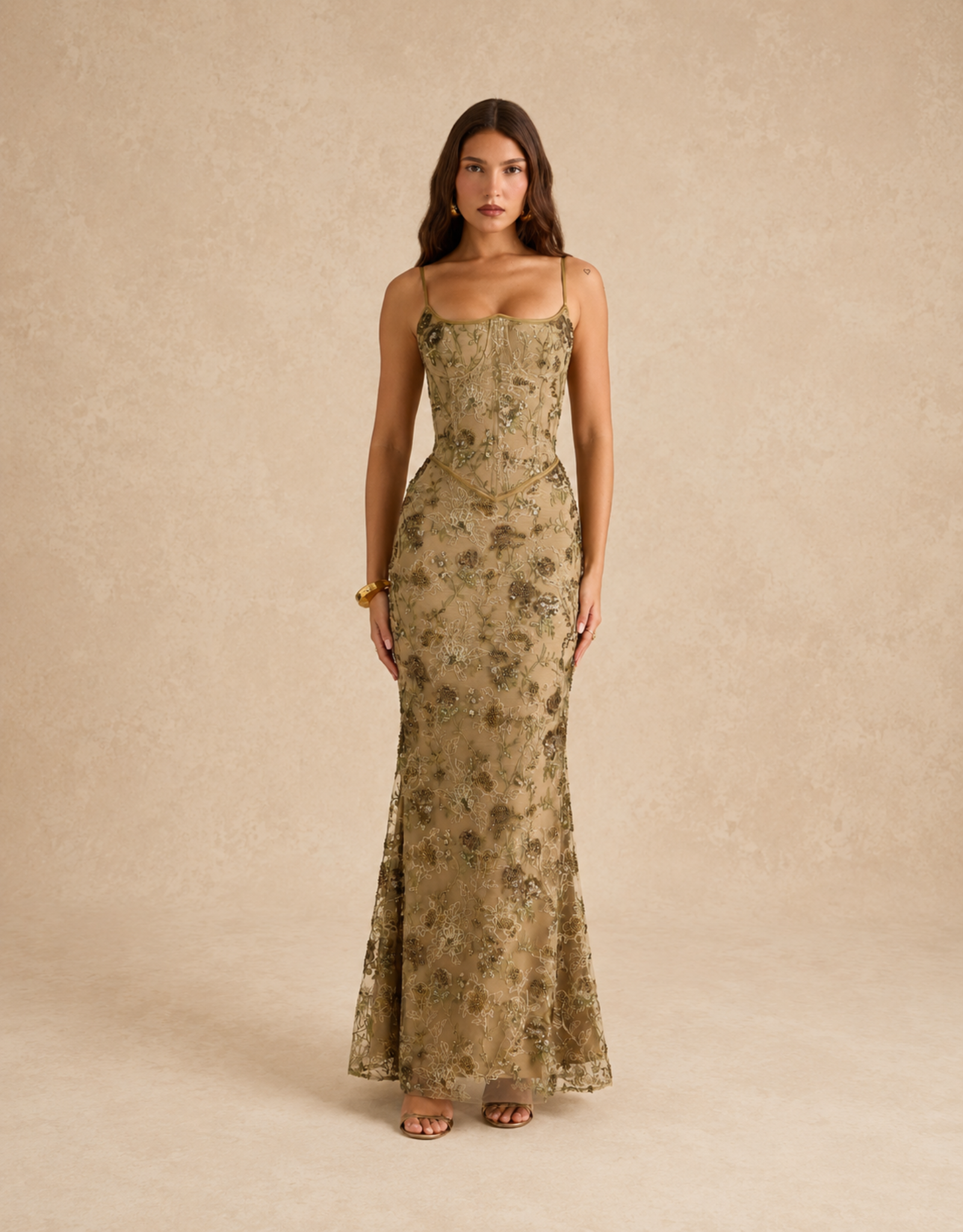Robe maxi Fondelier en dentelle florale olive pour femme robe longue élégante et tendance