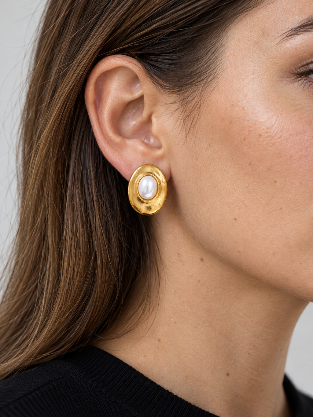 Perla Pearl Studs — worn view