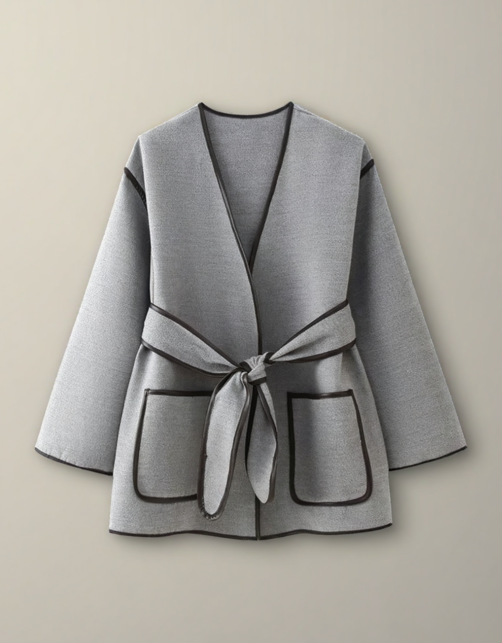 Manteau en laine bicolore femme en gris avec ceinture et poches pratiques