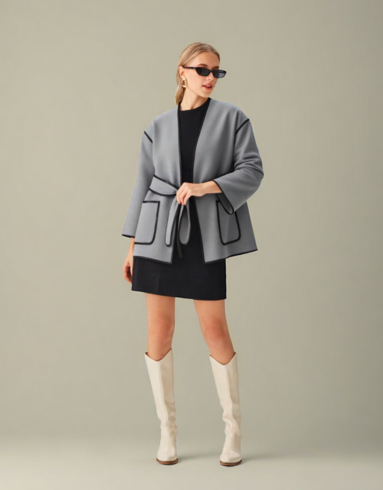 Manteau en laine bicolore femme avec ceinture, parfait pour un look élégant et contemporain