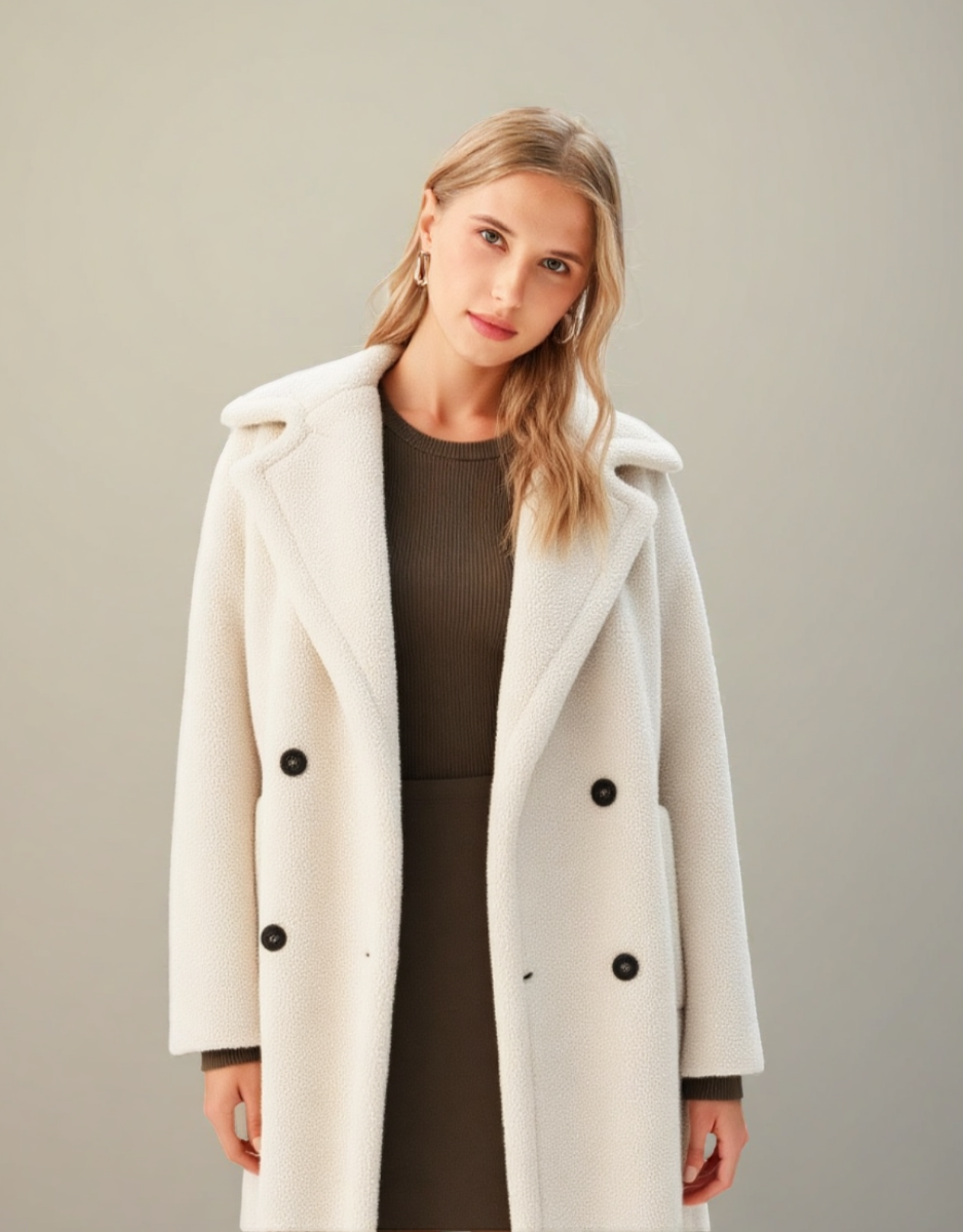 Manteau long femme laine blanc avec boutons, parfait pour les journées d'hiver élégantes