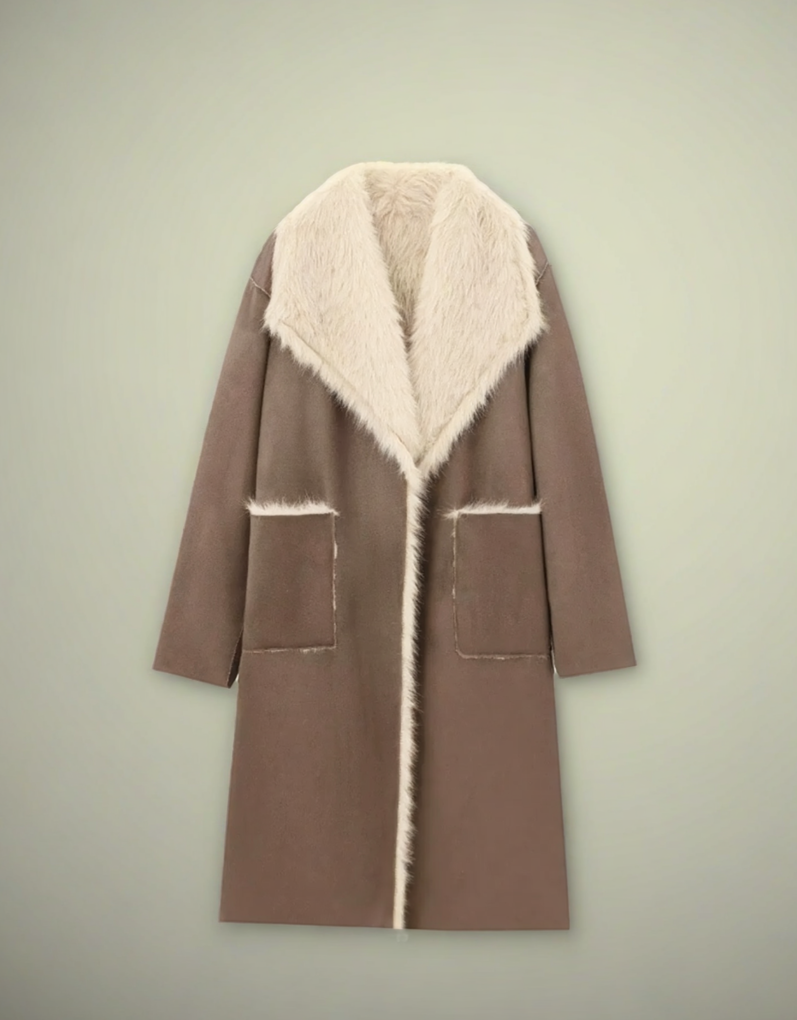 Manteau long réversible femme en beige avec col en fausse fourrure et poches avant élégantes