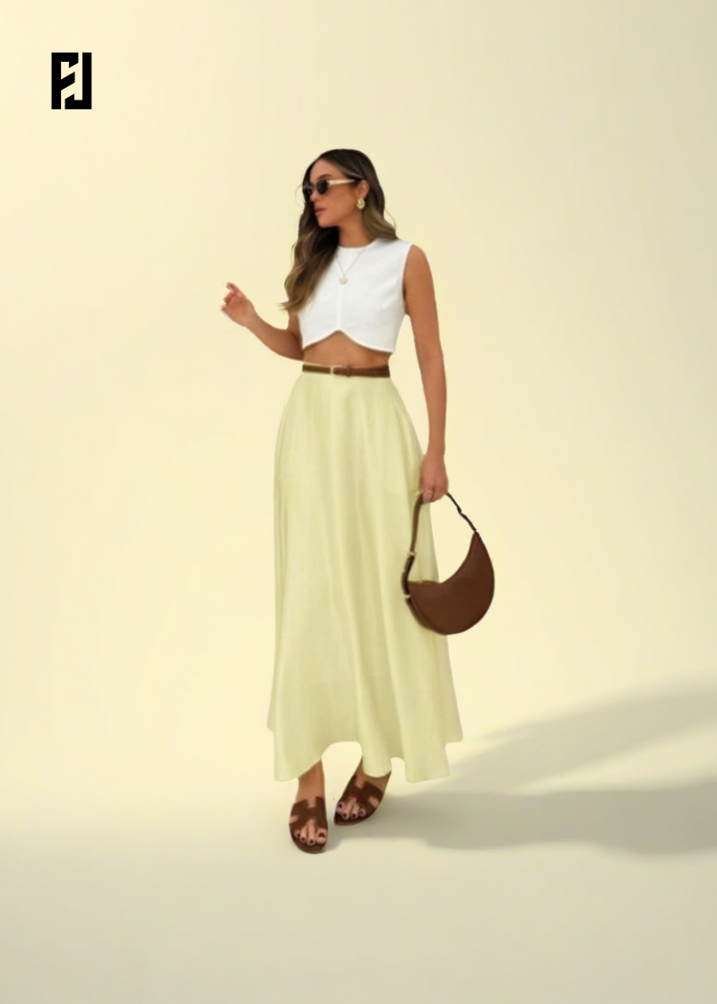Robe longue crème avec top blanc et ceinture pour un look chic d'été de Fondelier