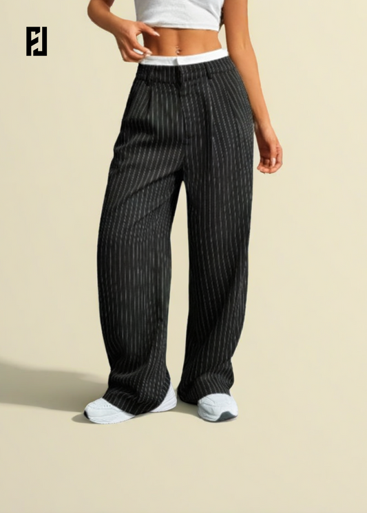 Pantalon Rayé Imprimé Taille Haute
