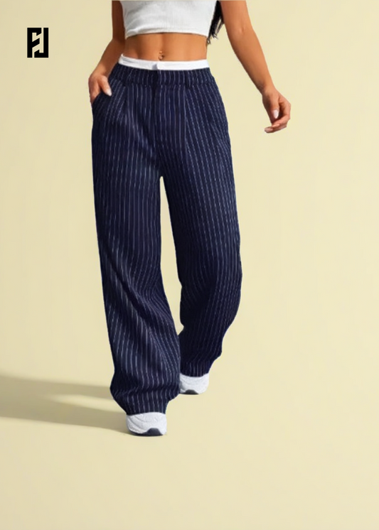 Pantalon Rayé Imprimé Taille Haute