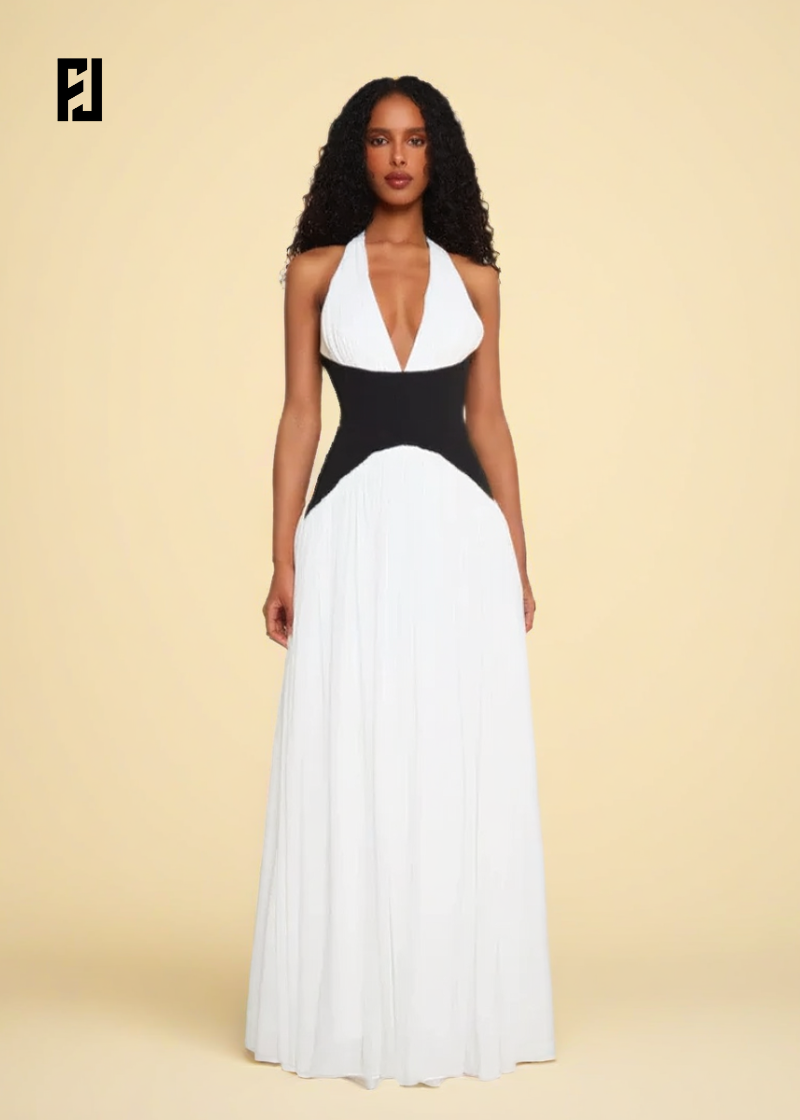 Robe longue patchwork chic blanche et noire avec décolleté halter élégante pour femme