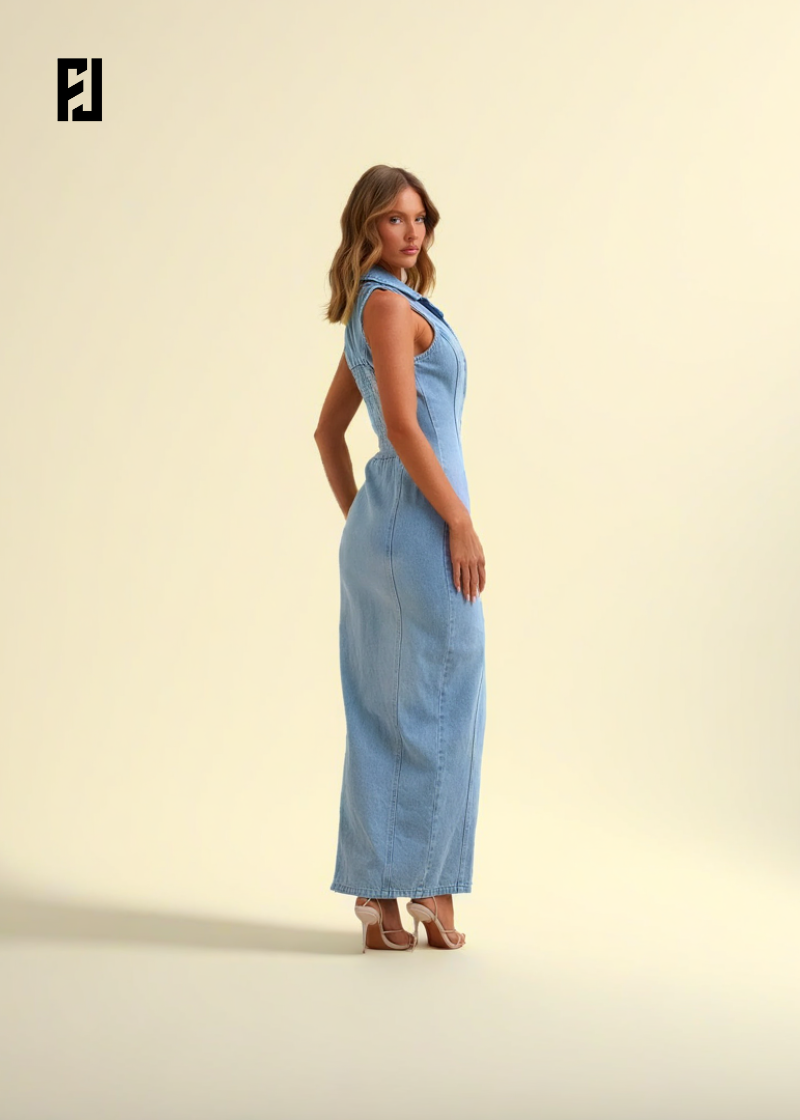 Femme portant une robe longue sans manches femme en denim bleu clair de Fondelier