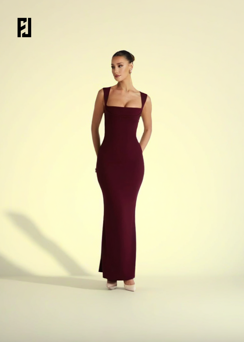 Robe maxi élégante en bordeaux avec bretelles larges et coupe ajustée pour une allure chic