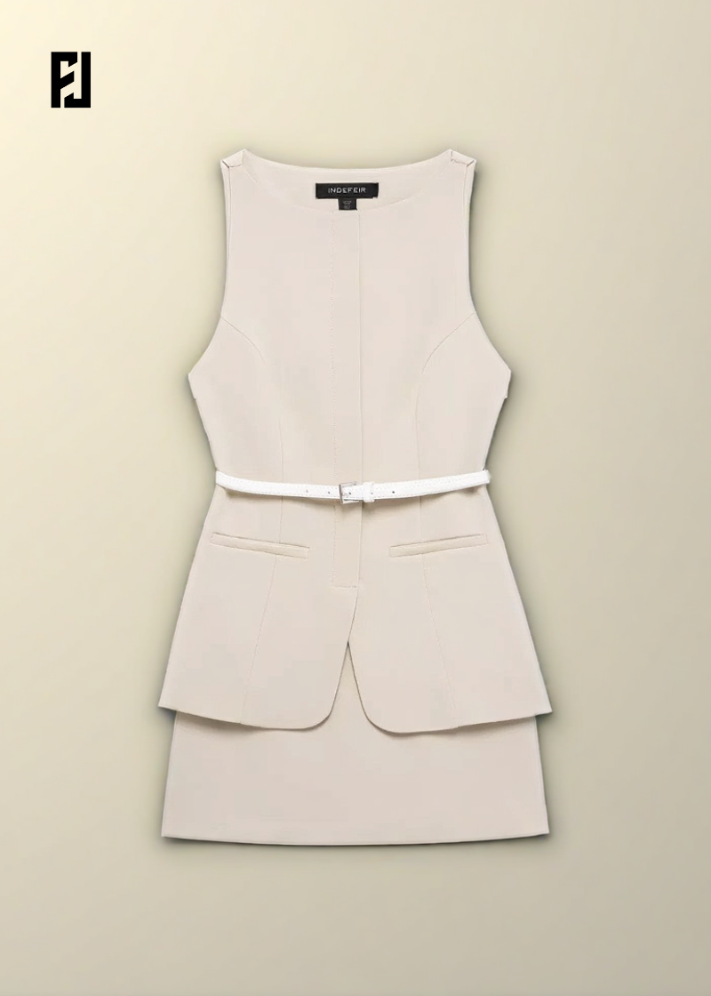 Robe Courte Été – Col Rond & Taille Ceinturée avec Poches