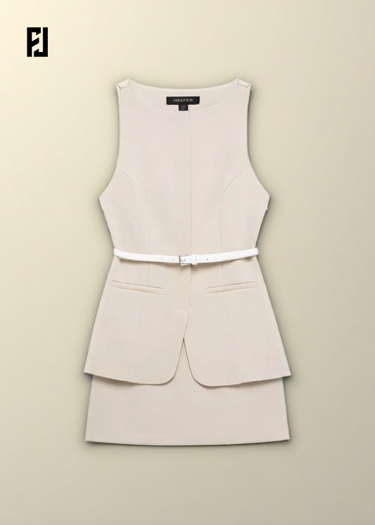 Robe Courte Été – Col Rond & Taille Ceinturée avec Poches