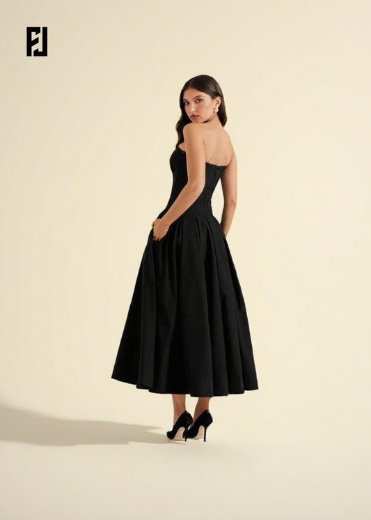Robe Noire Élégante – Sans Bretelles & Style Corset, Coupe Midi